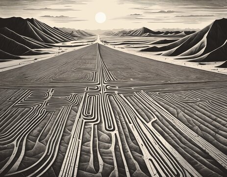 Vintage engraving woodcut illustration of Mysterious Nazca Lines carved in the desert
