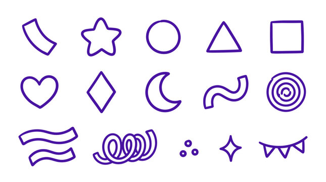 A collection of simple purple outline doodle icons featuring various shapes like star, circle, triangle, heart, moon, and wavy lines on a white background.