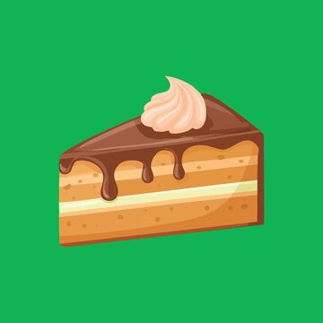 Layer cake slice with dripping chocolate glaze and cream swirl isolated on white background