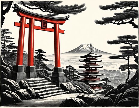 Vintage engraving woodcut illustration of Red torii gates winding up Mount Inari
