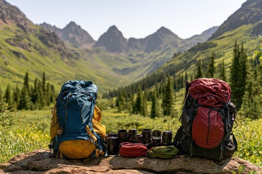 Two hiking backpacks with camera lenses rest on a rock in the rugged mountains. Conceptual image for landscape photography adventure and outdoor travel planning.