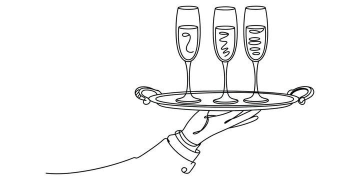 A waiter hand holding a serving tray with three glasses of champagne for a celebration isolated on a clean white background illustration