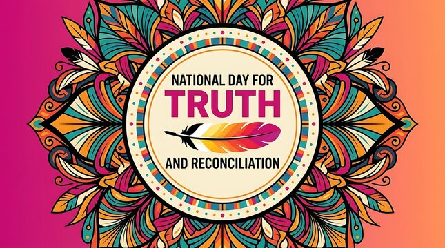 National Day for Truth and Reconciliation banner, indigenous mandala design with feathers, orange and pink cultural background