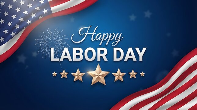Happy Labor Day patriotic background, American flag with gold stars on blue, United States holiday celebration banner