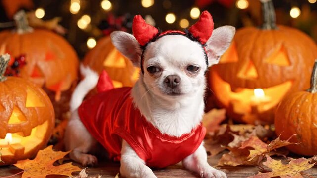 Cute Chihuahua Dog in Devil Costume with Pumpkins and Autumn Leaves