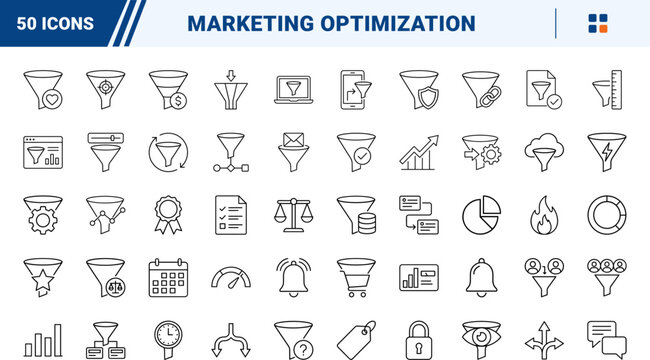 Funnel Experiment Plan line icon set. Vector pictograms of optimization, conversion, testing, and analytics elements, thin linear illustration.