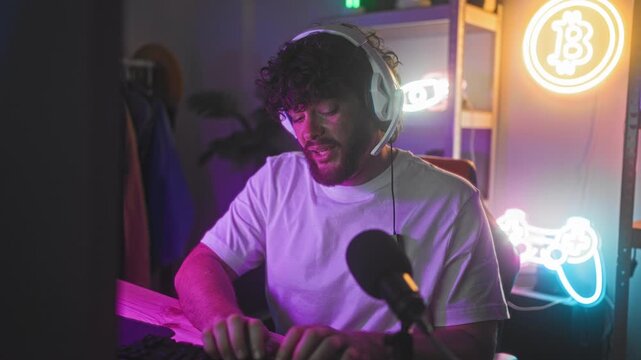 Man with headset leans toward microphone and types on keyboard beside neon bitcoin sign on a desk in studio; focused.