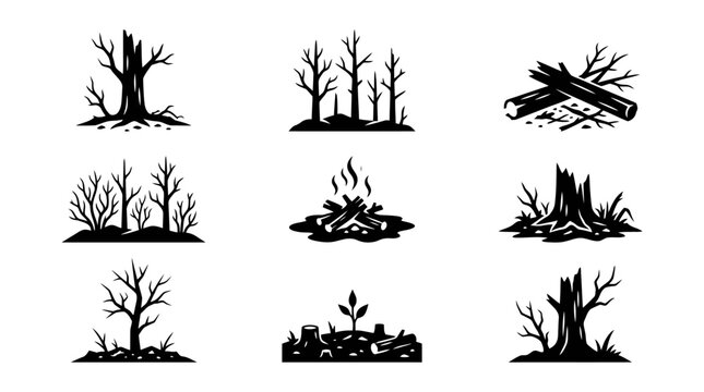 Black silhouette of dead trees icons.