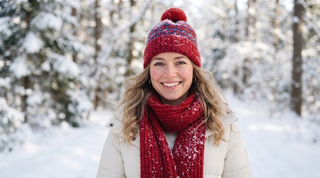 A smiling young woman wearing a warm red knitted hat and scarf standing in a beautiful snowy forest during a bright winter day outdoors portrait