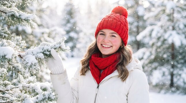 A happy young woman wearing a bright red knitted hat and scarf standing in a beautiful snowy forest during a cold sunny winter day outdoors