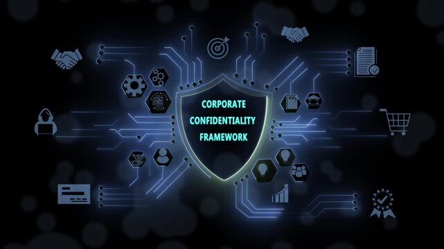 Corporate confidentiality framework digital shield concept featuring glowing cyber security network and data protection infographics for enterprise privacy and information safety solutions
