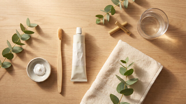 Minimalist flat lay of zero waste bamboo toothbrush and toothpaste mockup on wooden background.
