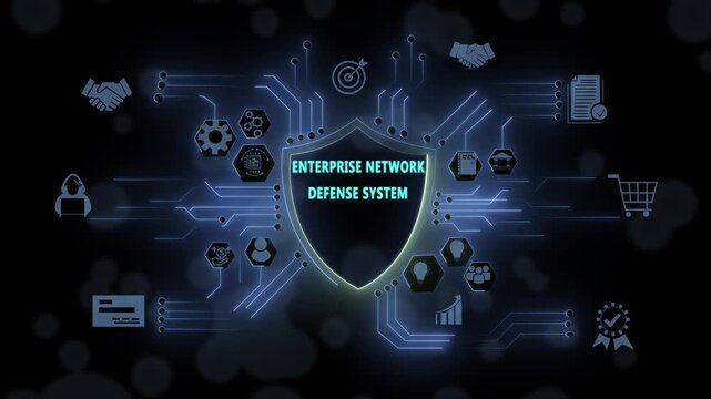 Enterprise network defense system digital security concept featuring advanced cyber protection shield and global data infrastructure connectivity visualization for modern corporate information