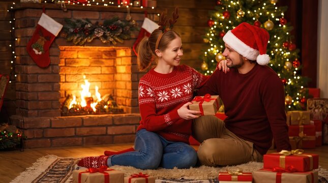 A happy young couple sitting on the floor in front of a warm fireplace exchanging christmas gifts in a cozy living room during the holidays