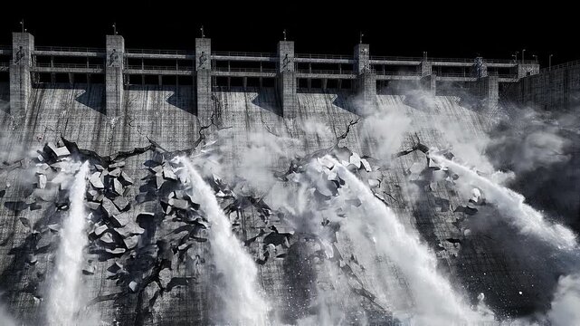 Massive concrete dam breaking apart with powerful water torrents gushing through cracks in a catastrophic failure