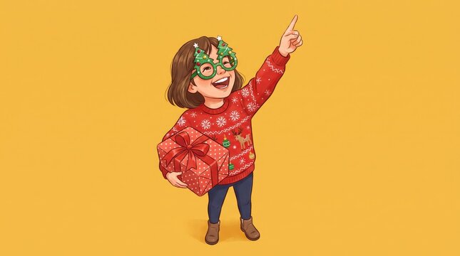 A happy young girl wearing a red patterned sweater and festive green holiday glasses stands against a vibrant yellow background with her hand raised high