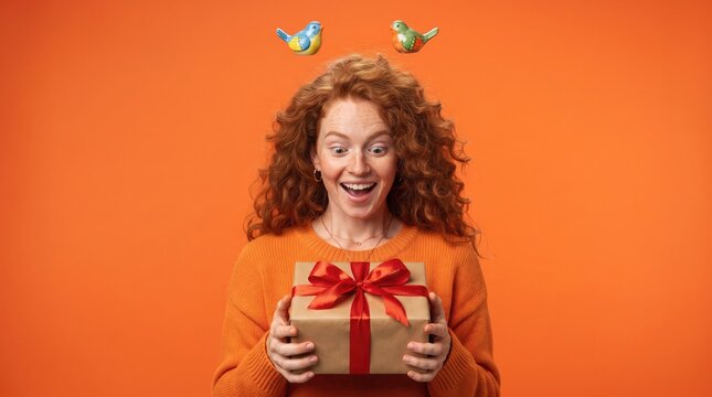 Excited young woman with curly red hair wearing festive headband holding a wrapped gift box with a red ribbon isolated on a bright orange background