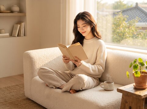 East asian woman reading a book on a cozy sofa in warm sunlight at home