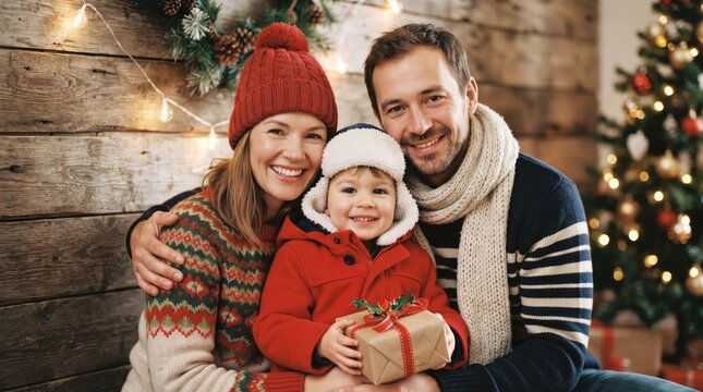 A happy young family of three parents and their little child smiling together while celebrating christmas holidays in a cozy home with festive tree decorations
