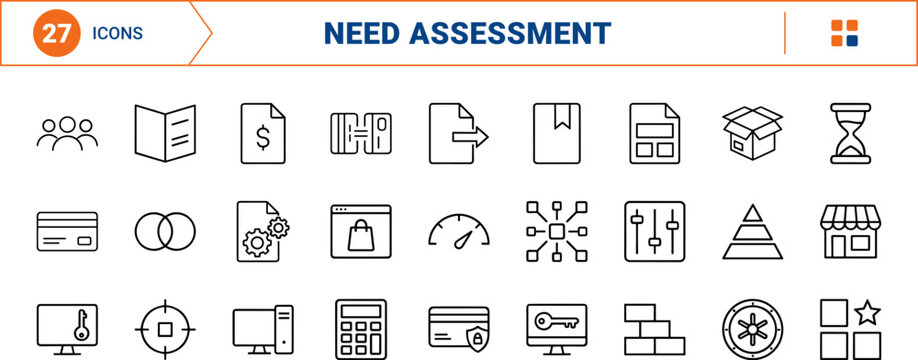 Purchase need assessment line icon set. Vector pictograms of procurement, requisition, demand, and analysis elements, thin linear illustration.