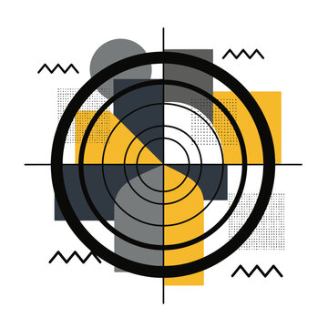 Abstract geometric composition with concentric circles, squares, and zig-zag lines in yellow, gray, and black.