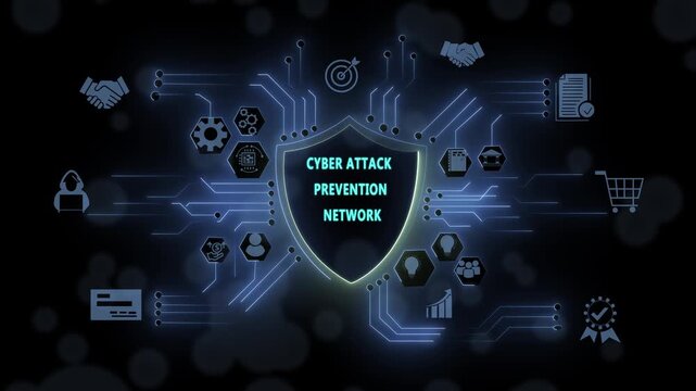 Cyber attack prevention network concept featuring digital security shield with connected data nodes, global information technology infrastructure, cybersecurity protection, and advanced web