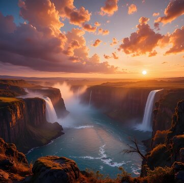Majestic Canyon Waterfall Sunset Landscape View