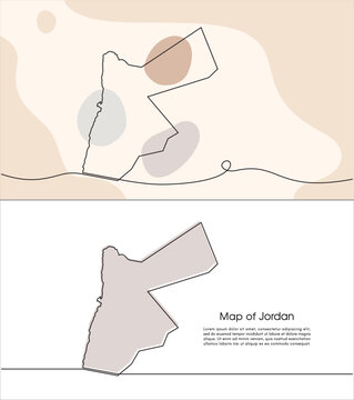 Continuous one line drawing of map of Jordan. white background map for Education, Travel across cities in Jordan, infographics, Science, Web Presentation isolated on white background	