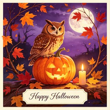 spooky halloween greeting card with pumpkin and owl