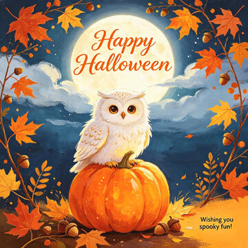 happy halloween greeting card with owl and pumpkin