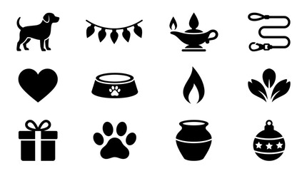 Naklejka premium Collection of assorted black icons featuring pets animals symbols and festive decorative elements.