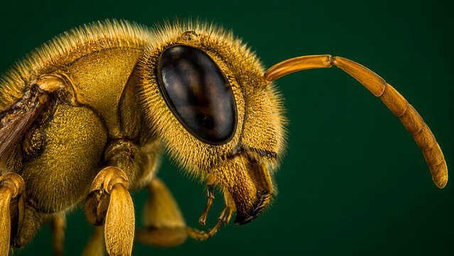 Extreme macro photography of a golden yellow hornet insect head showcasing compound eye and antenna profile isolated on dark green background
