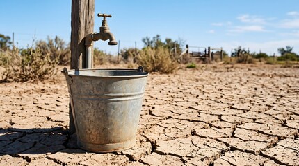 Naklejka premium Empty bucket under a faucet in cracked earth field