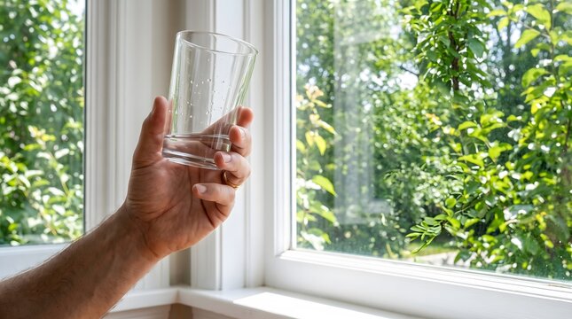Hand holding empty glass next to window