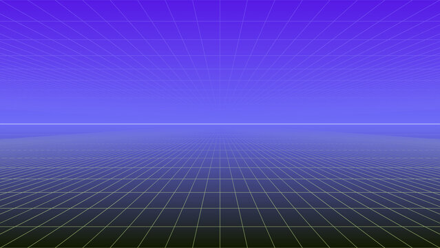 Retrofuturistic 80s Synthwave Grid Background with Purple Neon Horizon