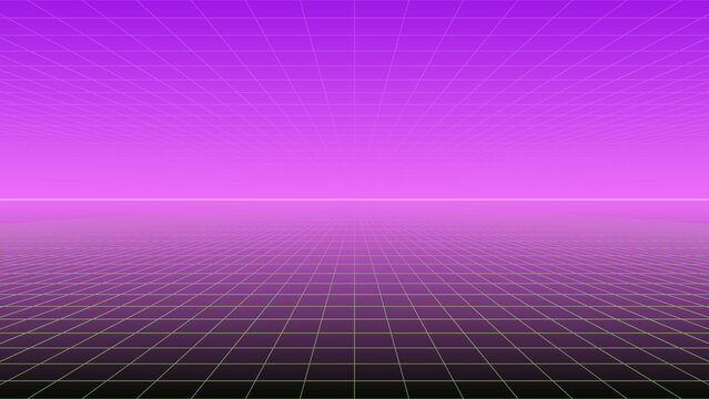 Retrowave Purple Neon Grid Landscape and Horizon Retro Futuristic 1980s Background