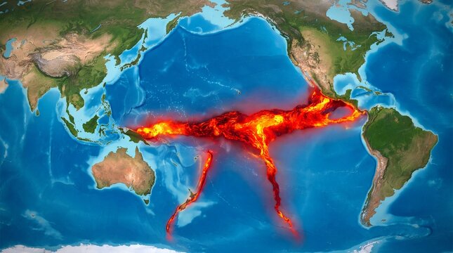 Global seismic activity map highlighting intense volcanic hotspots across the pacific ocean basin surface with patterns representing tectonic boundaries geothermal activity