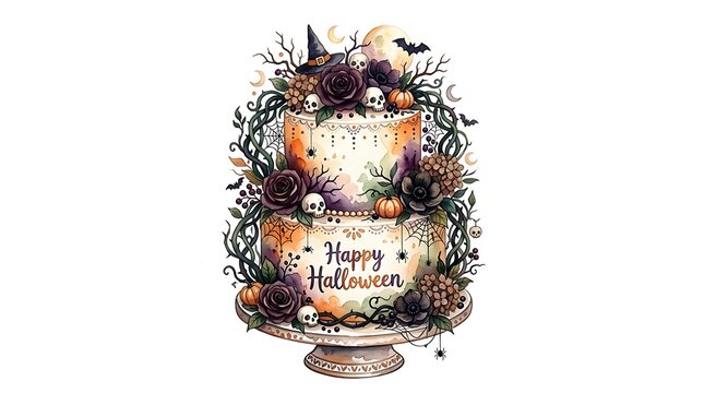 Twotier halloween cake with skulls, roses, and spiders isolated on white background