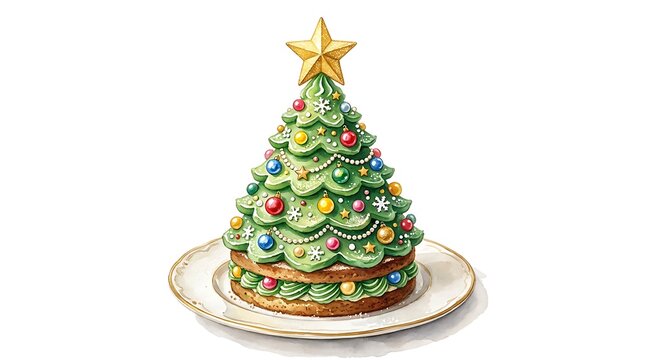 Christmas tree shaped cake decorated with colorful ornaments and a golden star isolated on white background