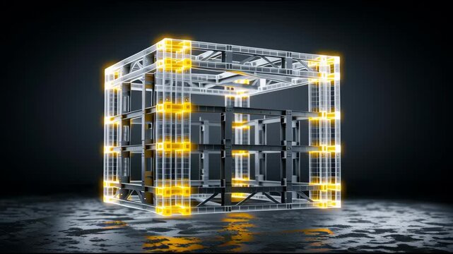 A cube appears in a dark room and changes its shape and lights. The reflections on the floor create a dynamic effect as the cube transforms.