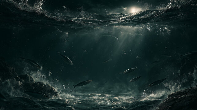 A school of sardines beneath the water's surface.
