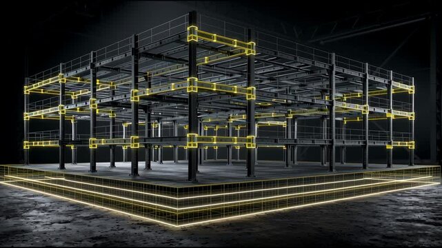 Crews work to construct a framework in a dimly lit area. Bright lights highlight the progress during the night hours.