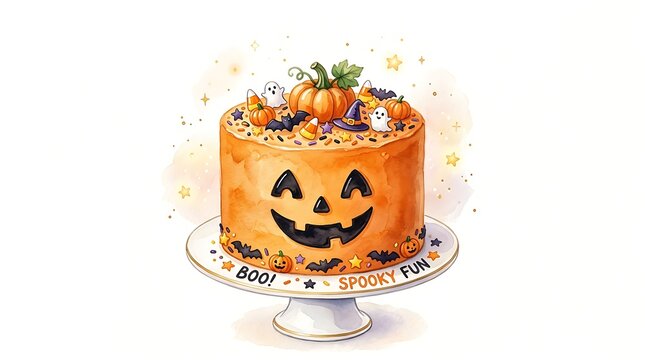 Watercolor halloween pumpkin cake with ghosts, bats, and candy corn isolated on white background