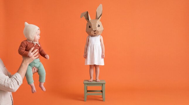 A person holding a baby while a child wearing a rabbit mask stands on stool with against orange background parent holding togetherness imagination interaction