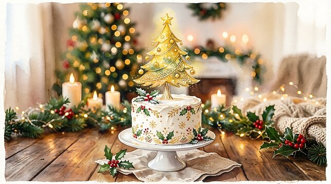 Christmas cake with golden tree topper on wooden table with holiday decorations