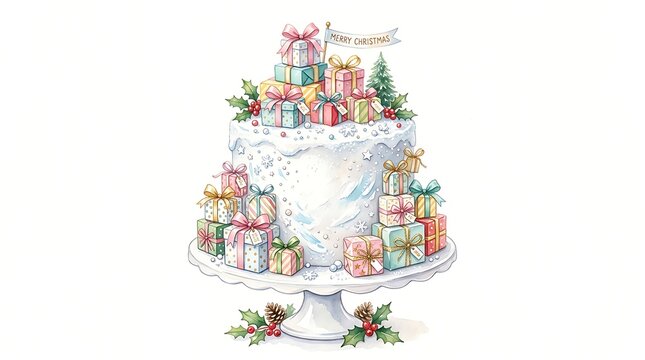 Christmas cake decorated with gift boxes isolated on white background