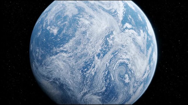 A blue and white planet is shown rotating slowly against a dark background filled with stars. This display lasts for a while, highlighting details.