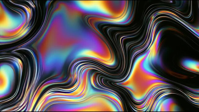 A liquid metal surface moves and changes colors slowly throughout the daytime, creating a captivating visual experience in a dim setting.