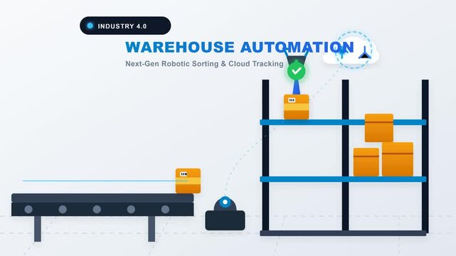 Smart robotic conveyor system sorting packages on shelves inside a logistics hub