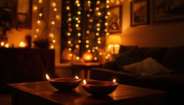 Diya oil lamps burn with warm flames on a wooden table inside a room with bokeh lights.